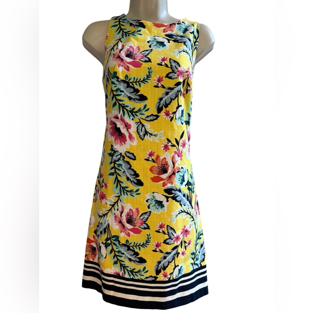 Eliza J Yellow Floral Sleeveless Shift Dress Navy Striped Hem Size 4